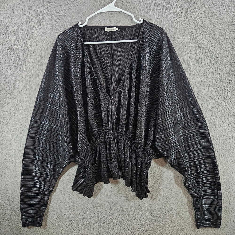 Good American Metallic Plisse Dolman Sleeve Peplum Blouse Black Size 5/6
